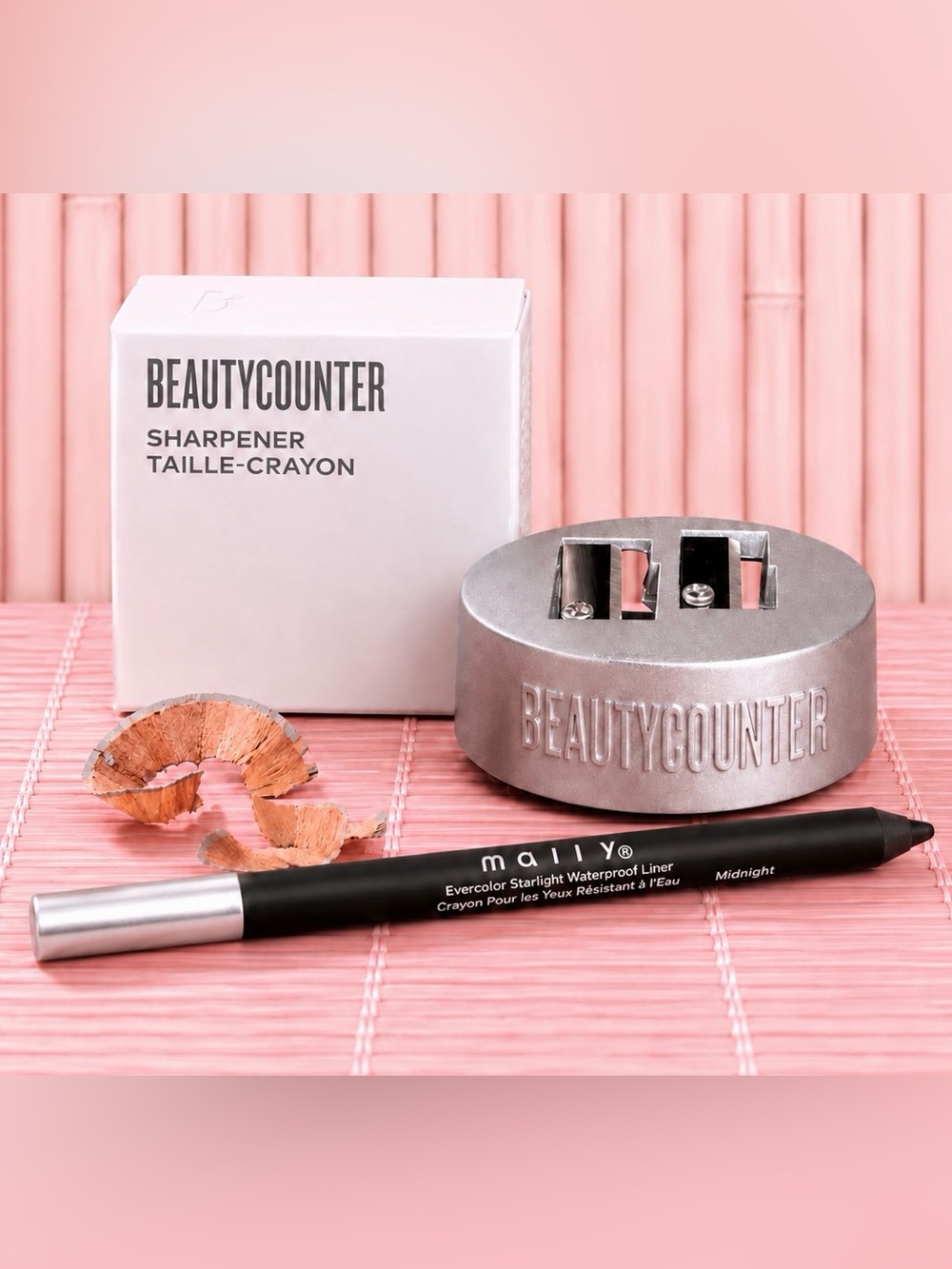 Beautycounter Dual-Blade metal Pencil Sharpener & Mally waterproof eyeliner.